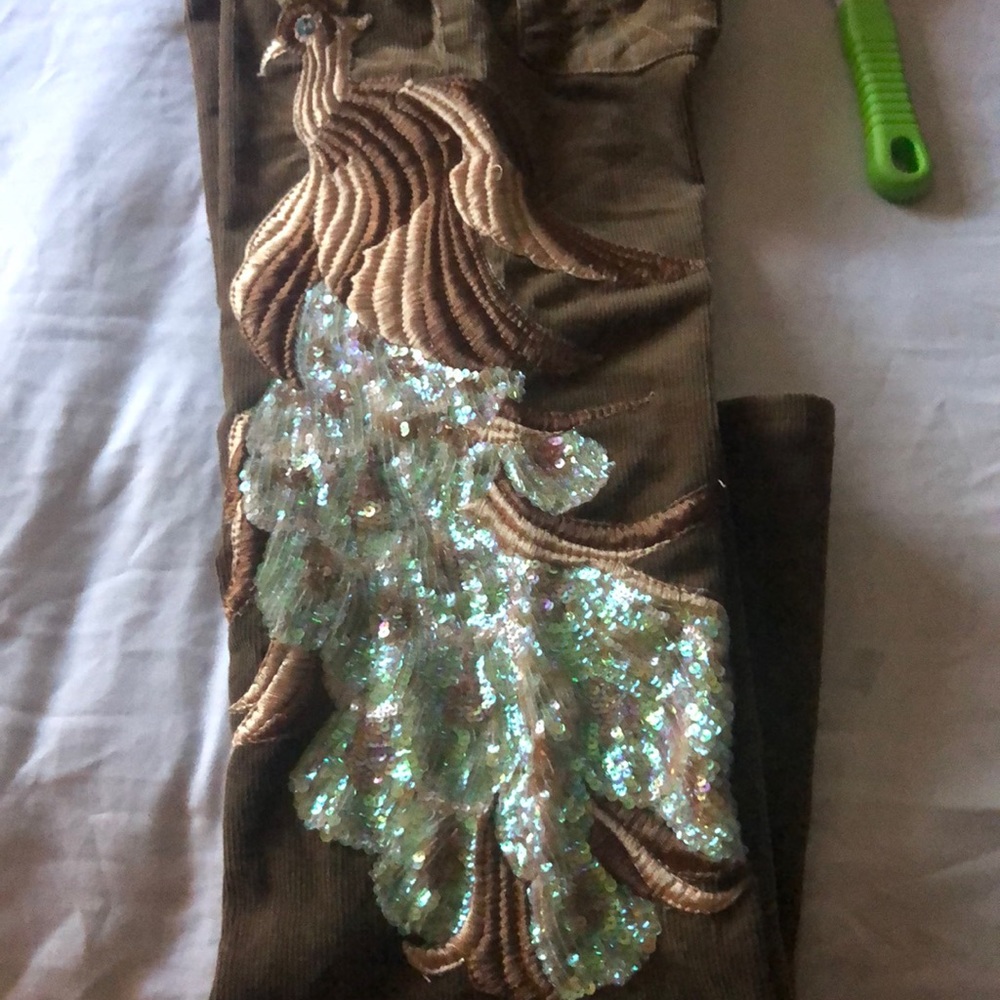 Brown Alan B.peacock sequin embroydered cords.